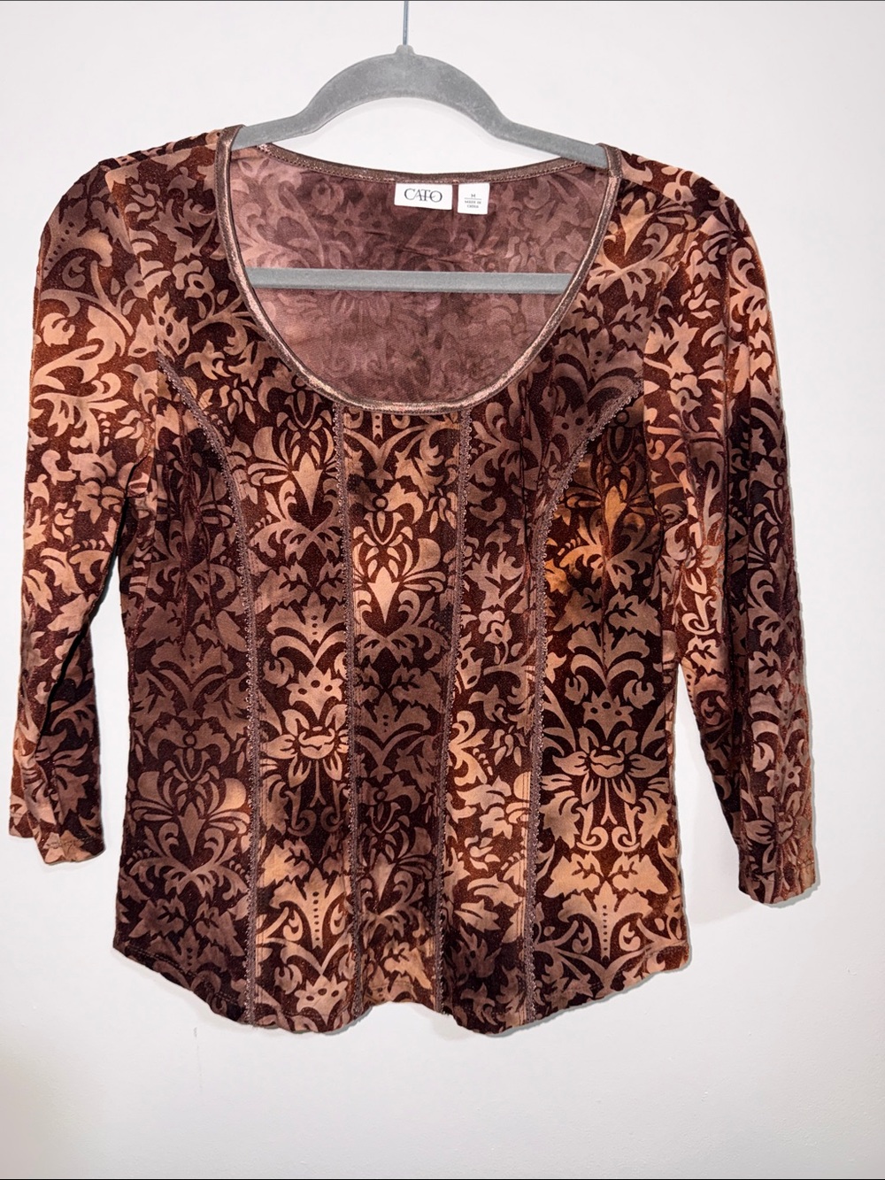 Cato Brown Velvet Burnout Scoop Neck Long Sleeve Top